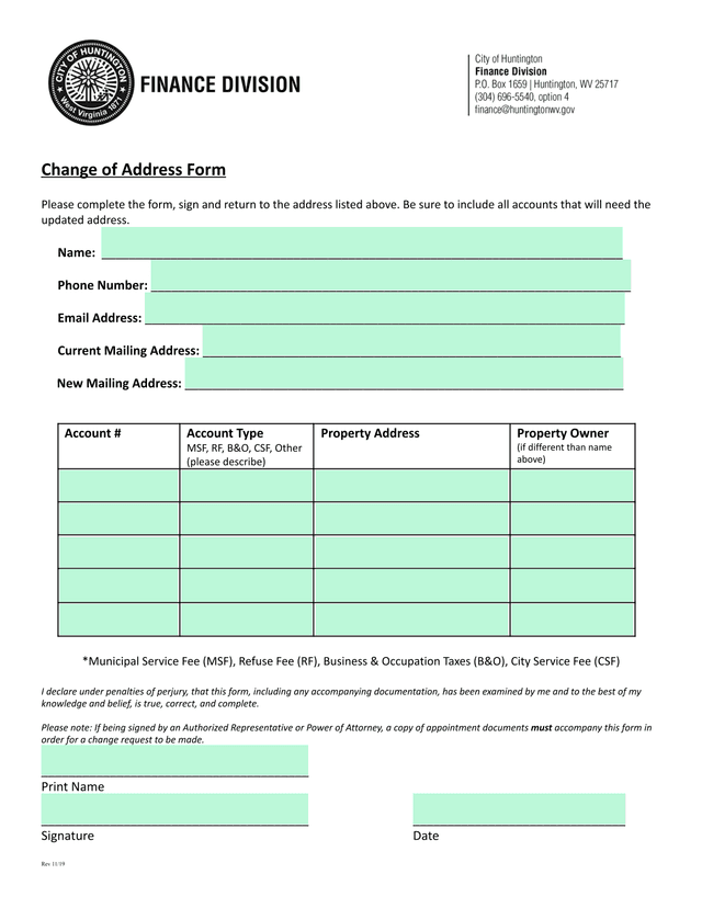 Change Of Address Form screenshot