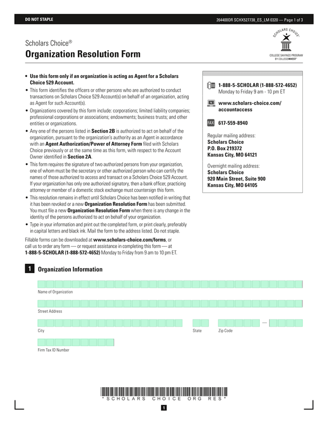 Scholars Choice Organization Resolution Form screenshot