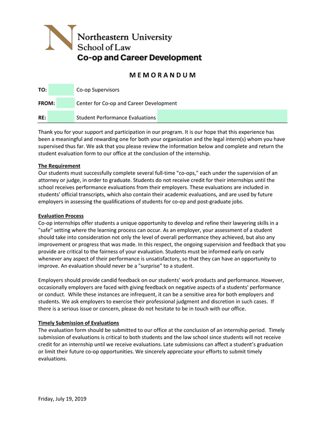 Memorandum Student Performance Evaluations screenshot