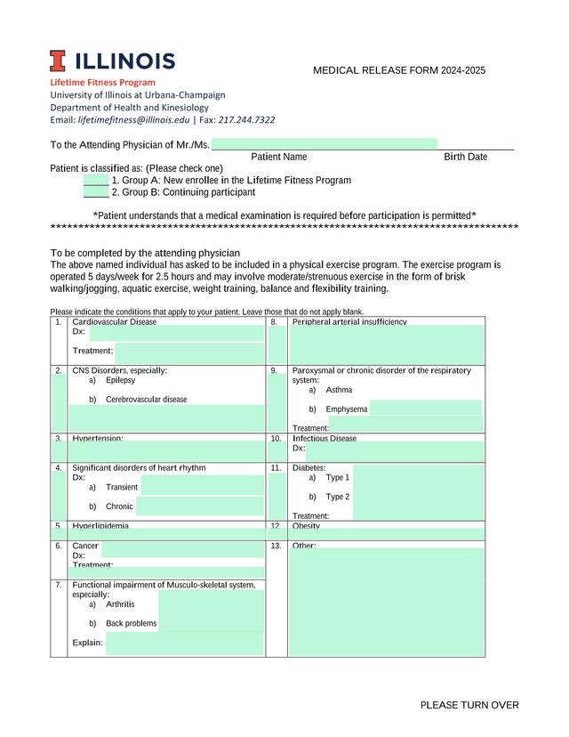 MEDICAL RELEASE FORM 2024 2025 Lifetime Fitness Program screenshot