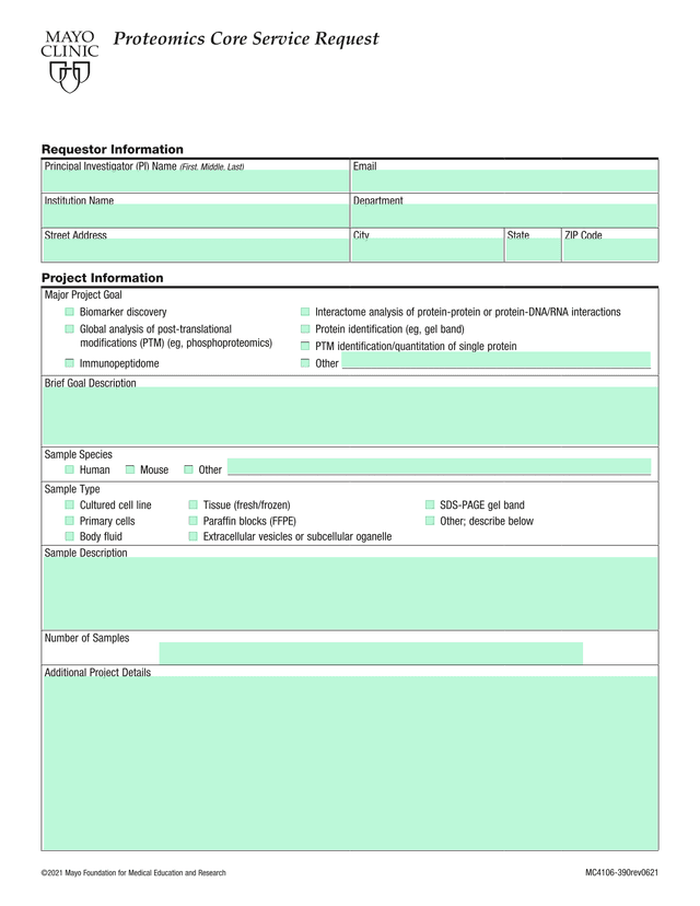Proteomics Core Service Request screenshot