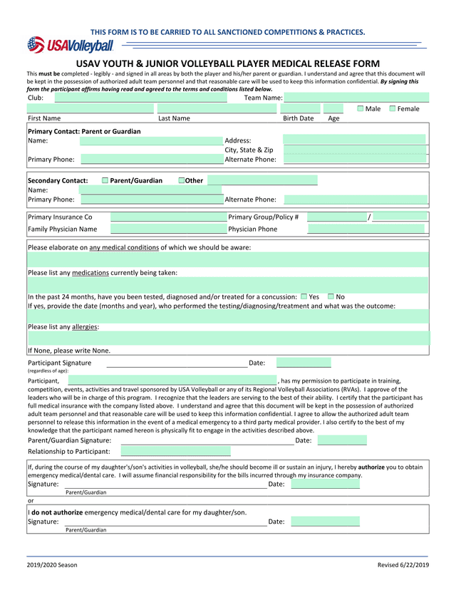 USAV YOUTH  JUNIOR VOLLEYBALL PLAYER MEDICAL RELEASE FORM screenshot