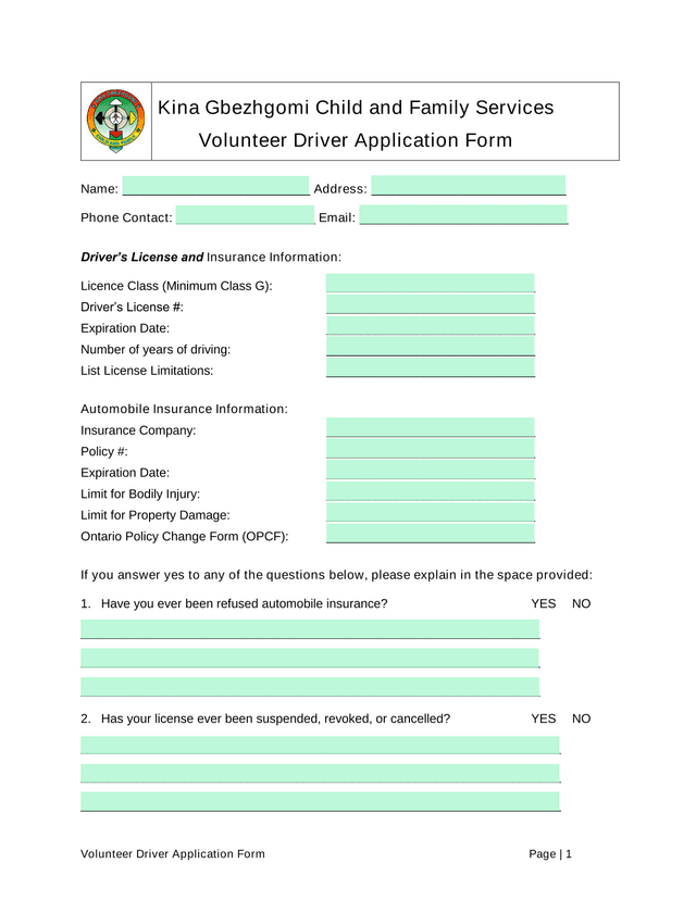 Volunteer Driver Application Form screenshot