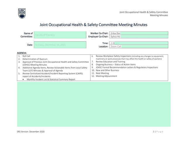 Joint Occupational Health  Safety Committee Meeting Minutes screenshot