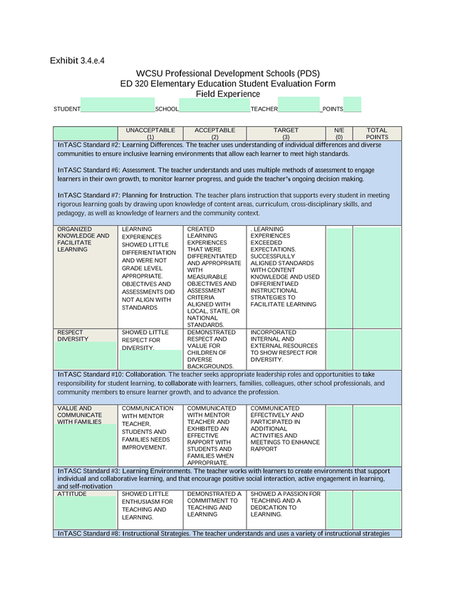 WCSU Professional Development Schools (PDS) ED 320 Elementary Education Student Evaluation Form screenshot