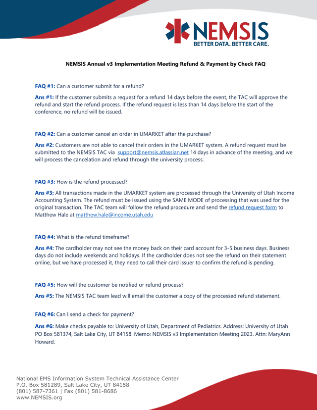 NEMSIS Annual V3 Implementation Meeting Refund  Payment By Check FAQ screenshot