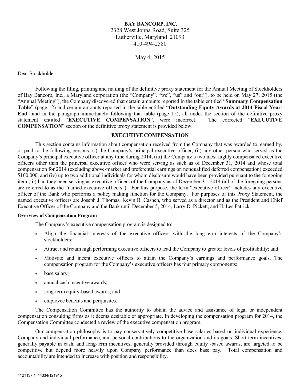 Bay Bancorp, Inc. Proxy Statement Correction screenshot