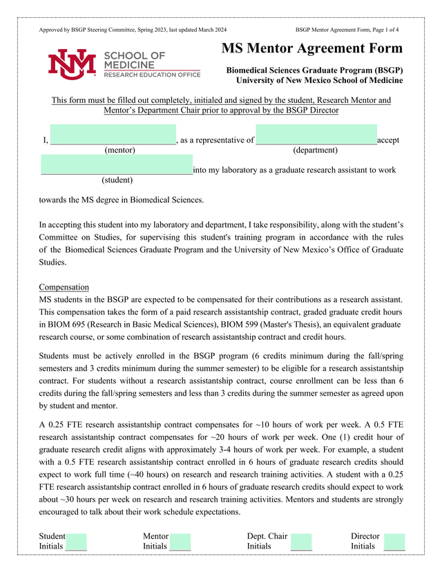 BSGP Mentor Agreement Form screenshot