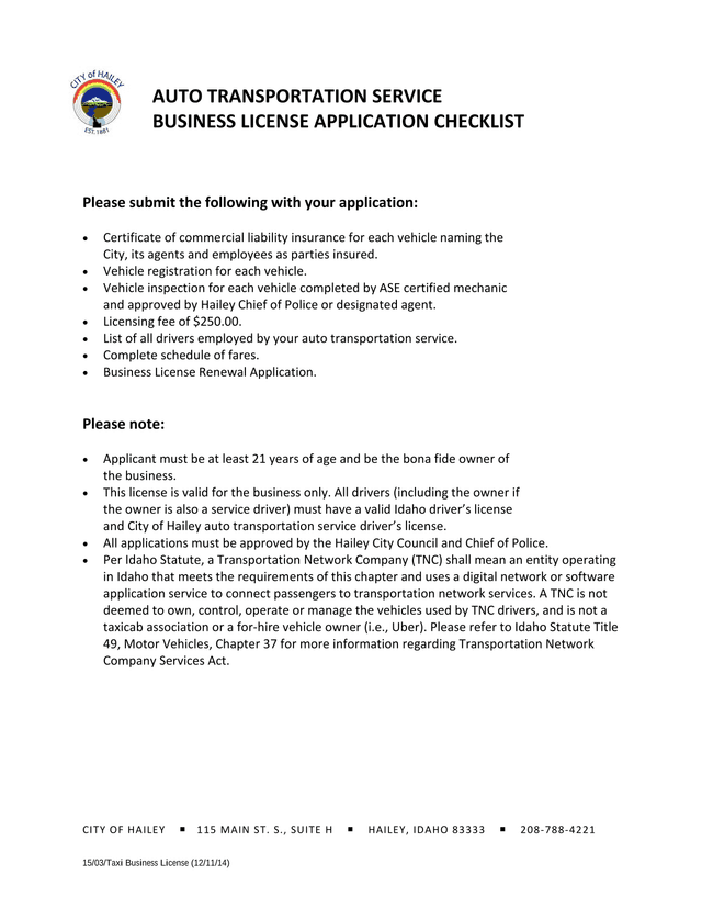 Auto Transportation Service Business License Application screenshot