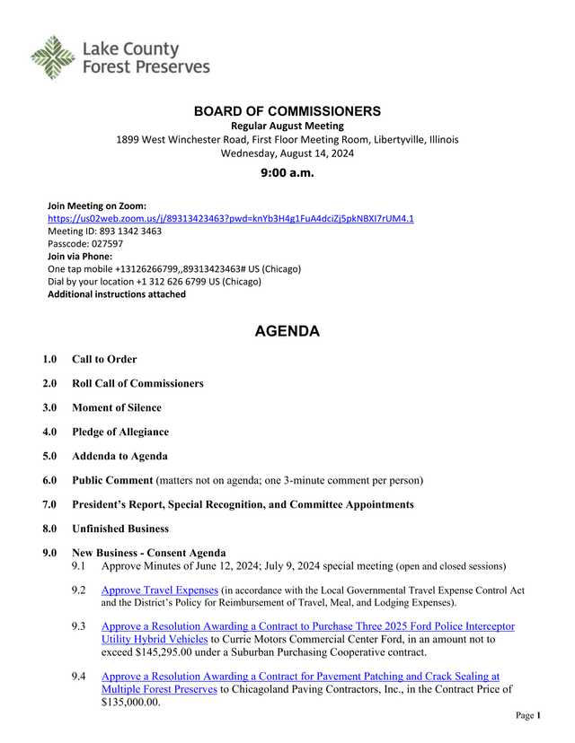 Board Of Commissioners Regular August Meeting Agenda screenshot