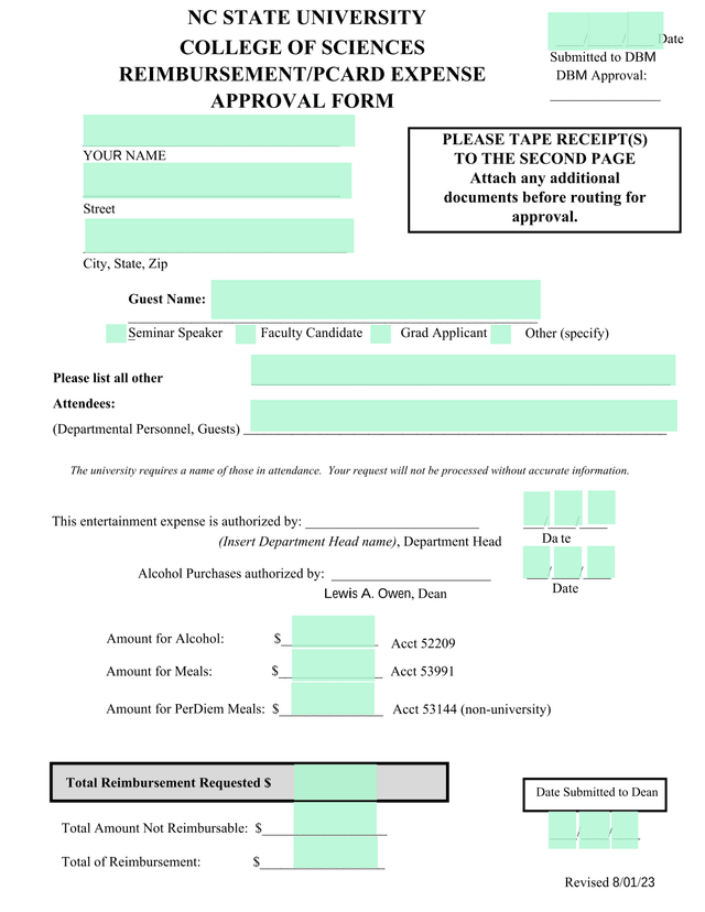 NC State University ReimbursementPCard Expense Approval Form screenshot