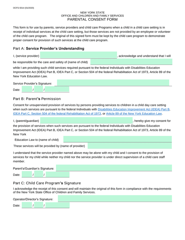 OCFS 5014 Parental Consent Form screenshot