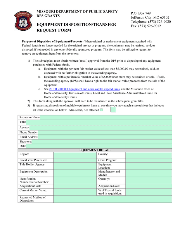 EQUIPMENT DISPOSITIONTRANSFER REQUEST FORM screenshot