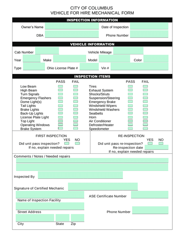 VEHICLE FOR HIRE MECHANICAL FORM screenshot