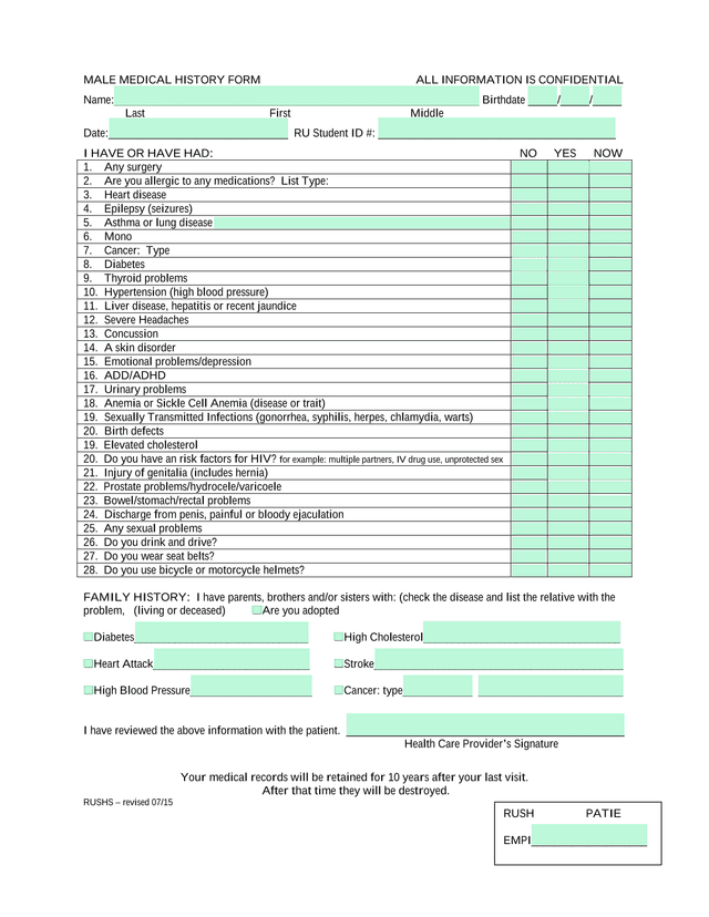 Male Medical History Form screenshot