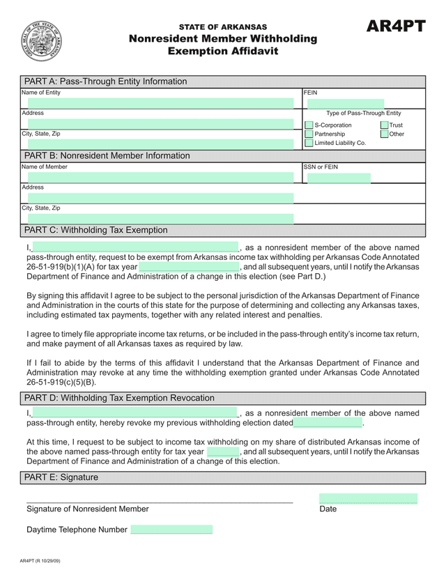Nonresident Member Withholding Exemption Affidavit screenshot