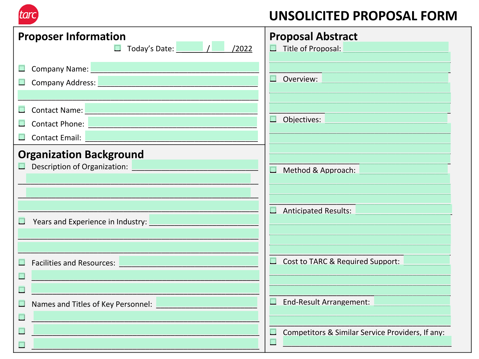 UNSOLICITED PROPOSAL FORM screenshot