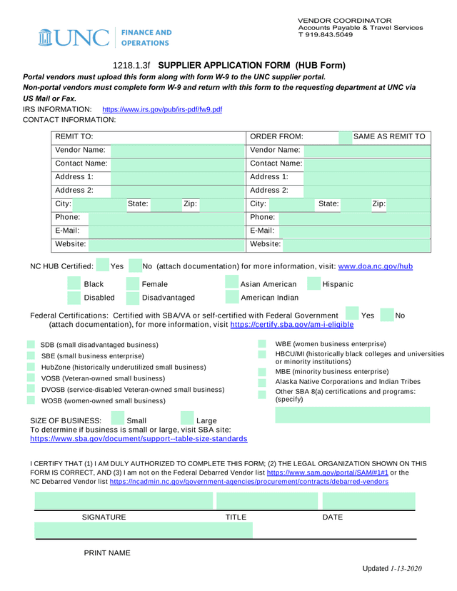 1218.1.3f SUPPLIER APPLICATION FORM (HUB Form) screenshot