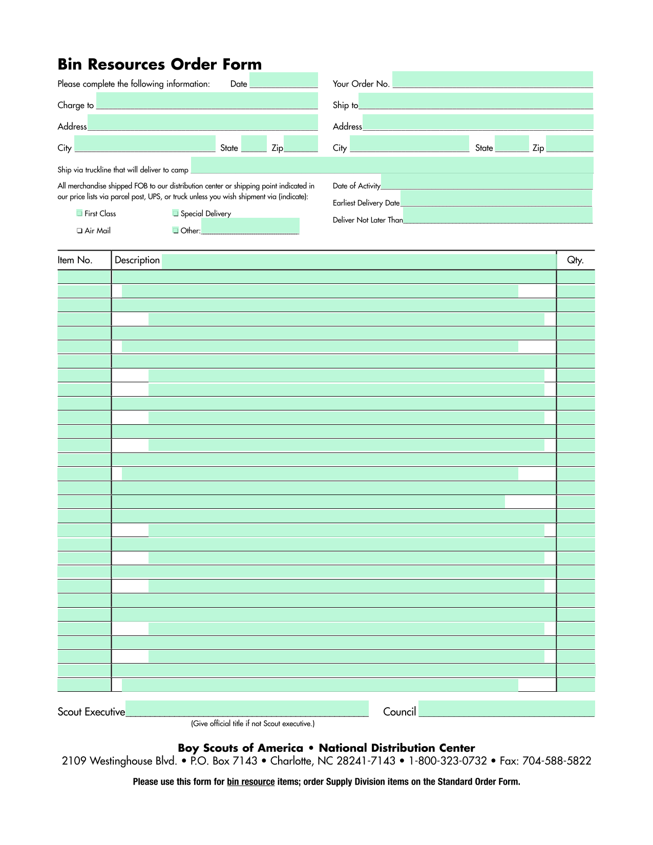 Bin Resources Order Form screenshot