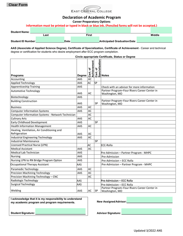 Declaration Of Academic Program screenshot