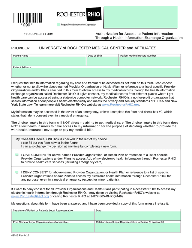 RHIO Consent Form screenshot