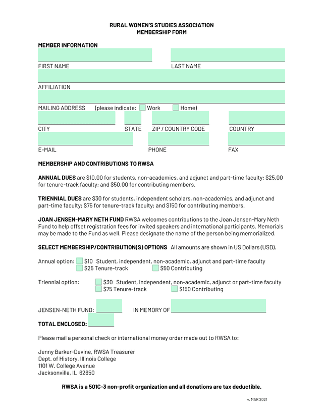 RURAL WOMENS STUDIES ASSOCIATION MEMBERSHIP FORM screenshot