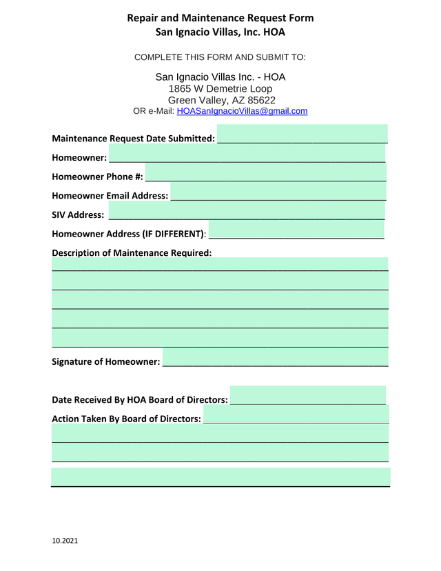 Repair And Maintenance Request Form screenshot