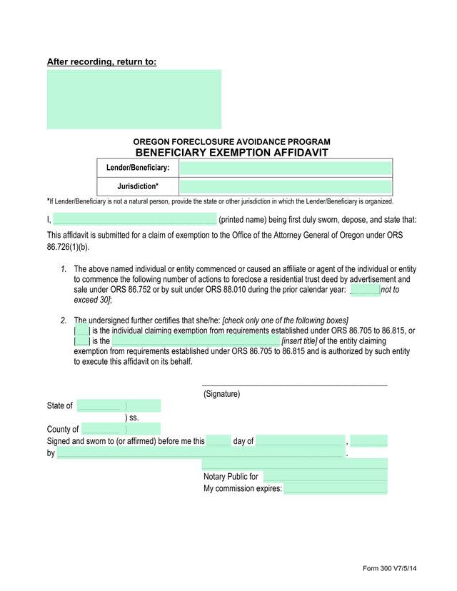 Form 300 V7514   Oregon Foreclosure Avoidance Program Beneficiary Exemption Affidavit screenshot