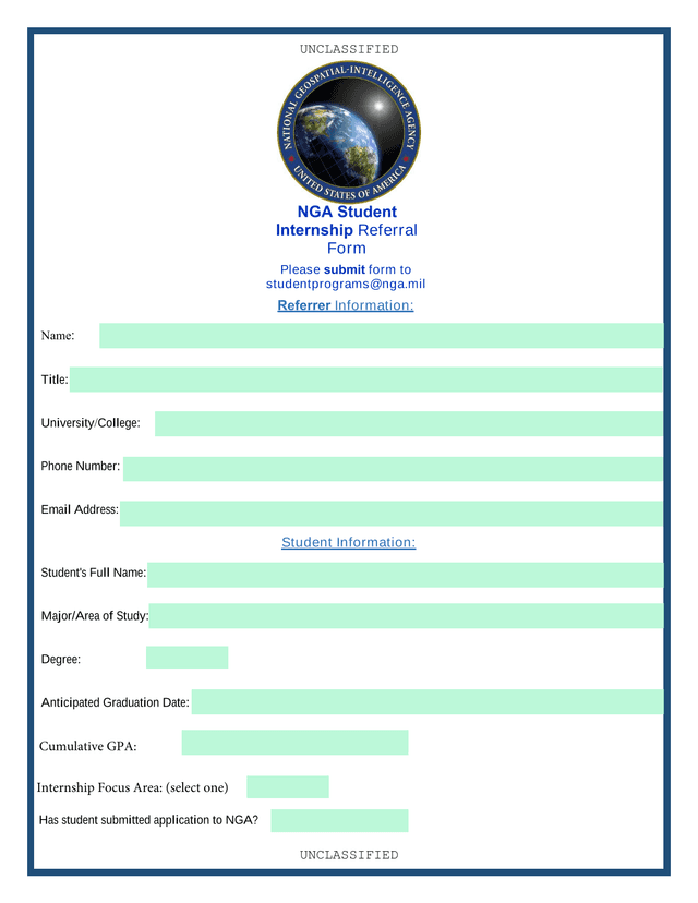NGA Student Internship Referral Form screenshot