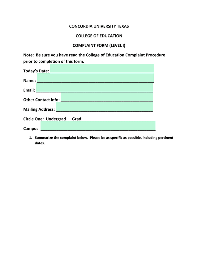 Complaint Form (Level I) screenshot