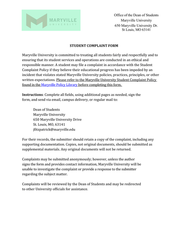 STUDENTS COMPLAINT FORM screenshot