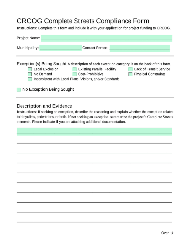 CRCOG Complete Streets Compliance Form screenshot