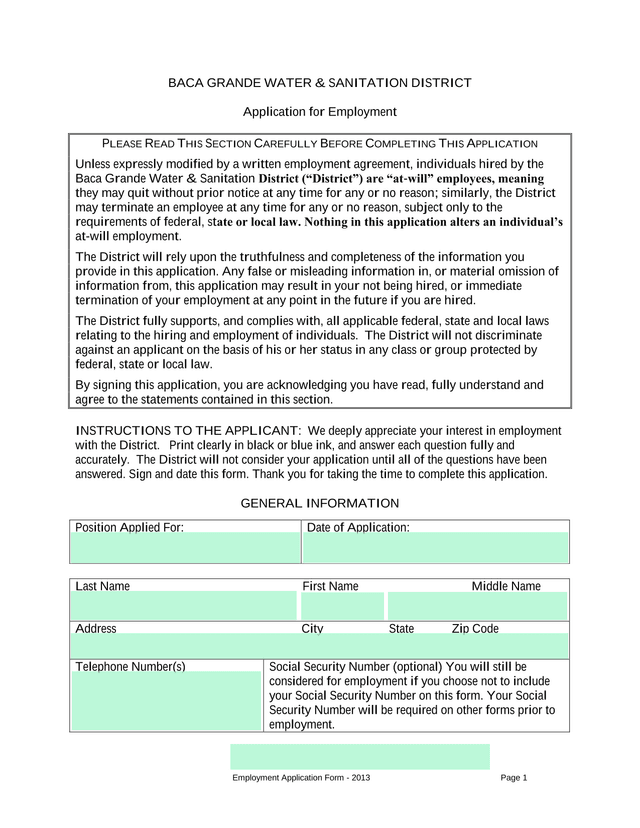 Employment Application Form   2013 screenshot