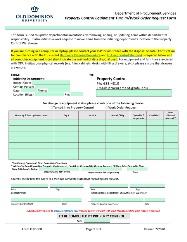 Property Control Equipment Turn InWork Order Request Form screenshot