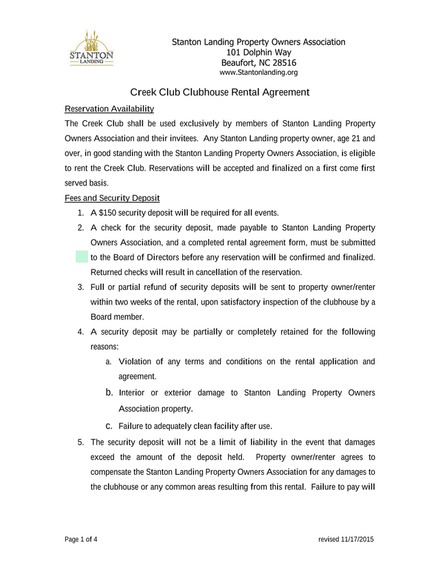 Creek Club Clubhouse Rental Agreement screenshot