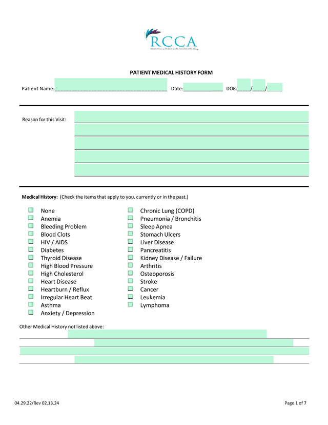PATIENT MEDICAL HISTORY FORM screenshot