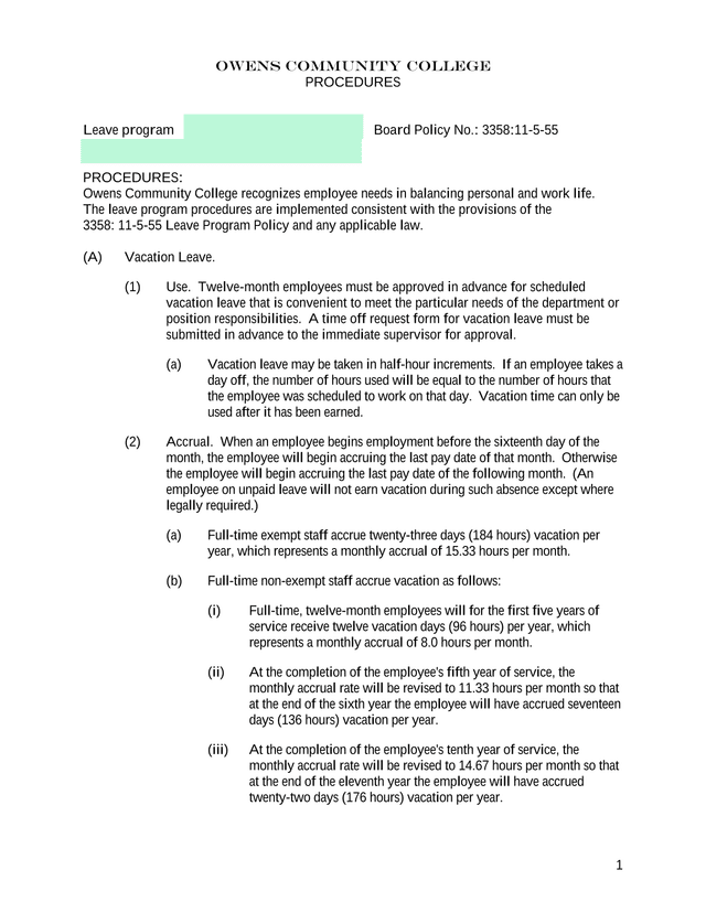 Leave Program Procedures screenshot