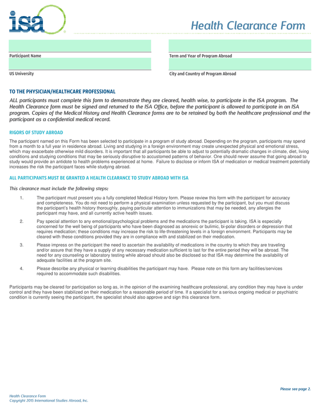Health Clearance Form screenshot