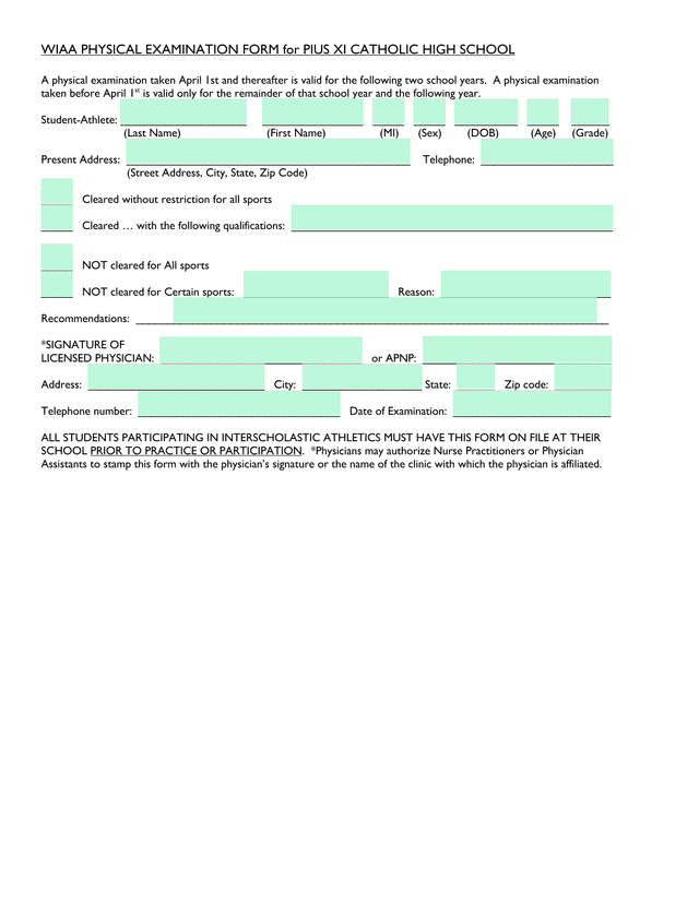 WIAA Physical Examination Form For Pius XI Catholic High School screenshot