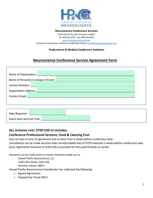Neuroscience Conference Service Agreement Form screenshot
