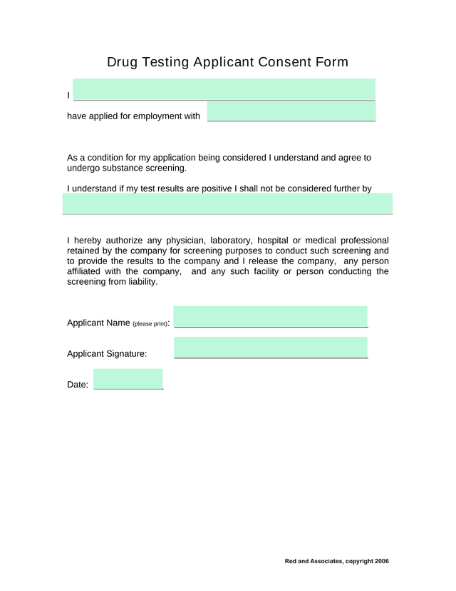 Drug Testing Applicant Consent Form screenshot
