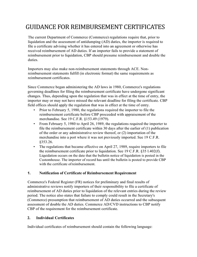 Guidance For Reimbursement Certificates screenshot