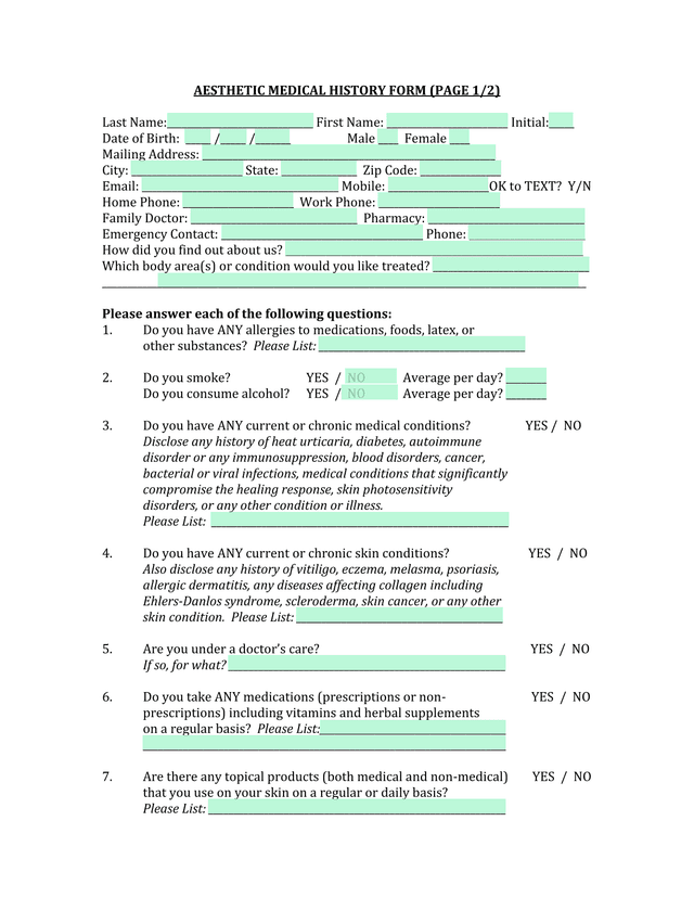 AESTHETIC MEDICAL HISTORY FORM (PAGE 12) screenshot