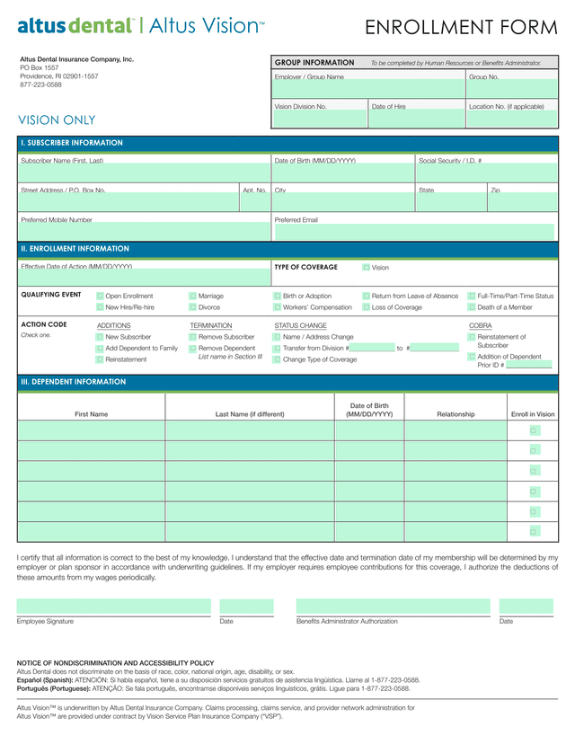 ENROLLMENT FORM   VISION ONLY screenshot