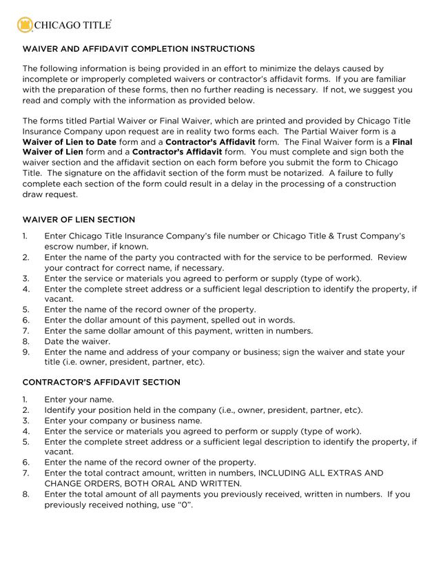 Waiver And Affidavit Completion Instructions screenshot