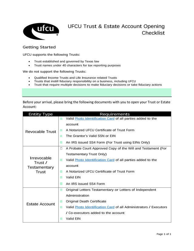 UFCU Trust  Estate Account Opening Checklist screenshot