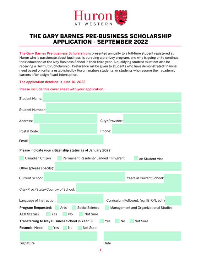 The Gary Barnes Pre Business Scholarship Application screenshot