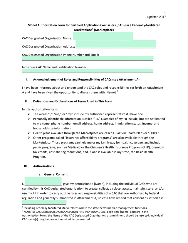 Model Authorization Form For Certified Application Counselors (CACs) In A Federally Facilitated Mark screenshot