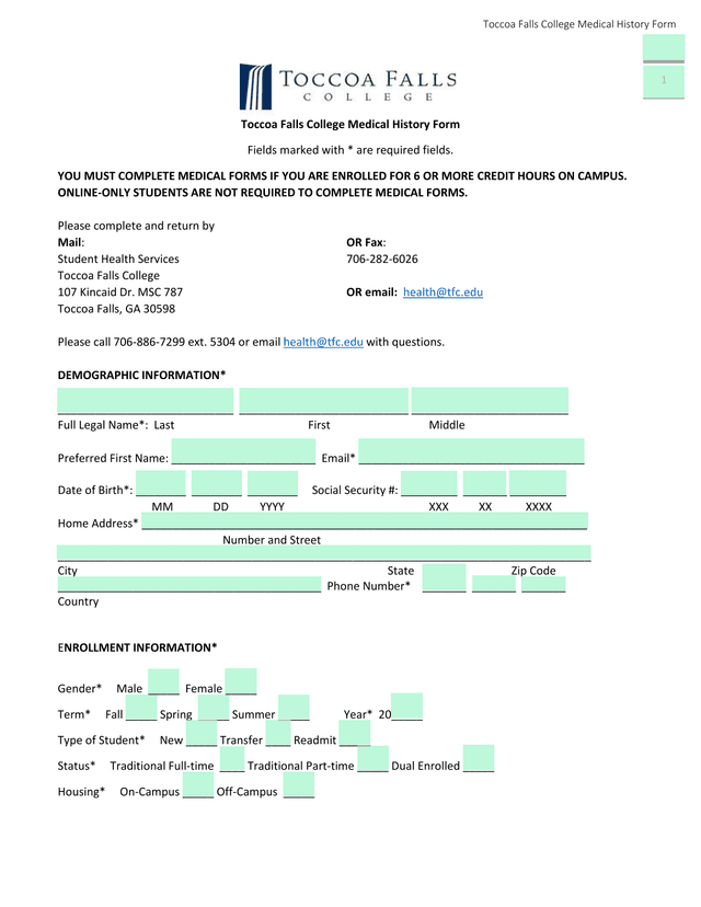 Toccoa Falls College Medical History Form screenshot