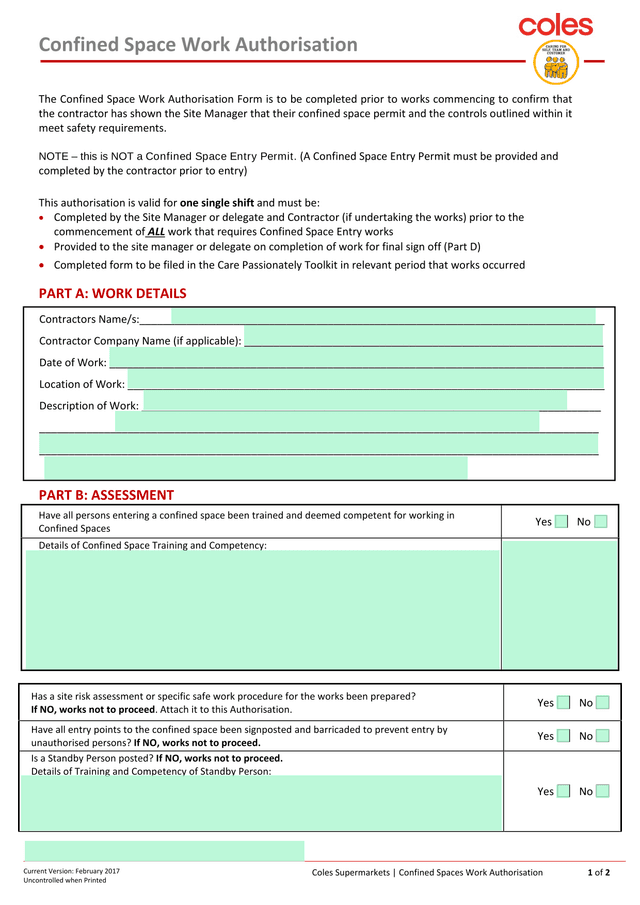 Confined Space Work Authorisation screenshot